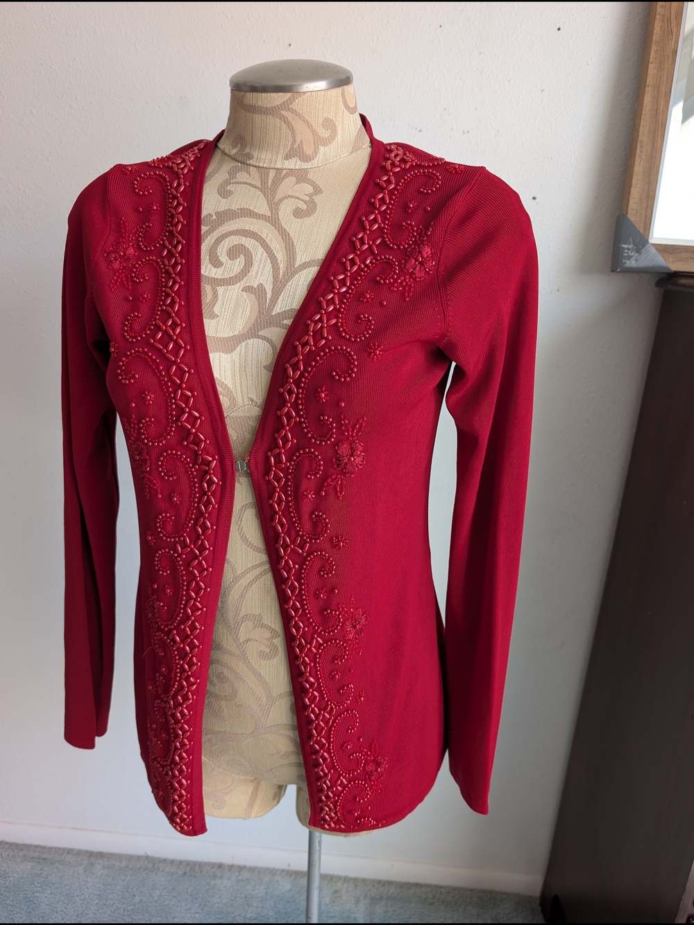 BCBGMaxAzria Red Beaded Open Cardigan